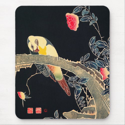 Parrot on the Branch of a Flowering Rose Bush Mouse Pad