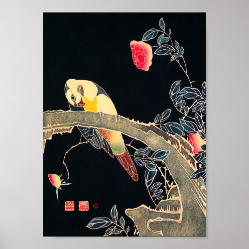Parrot on the Branch of a Flowering Rose Bush Poster