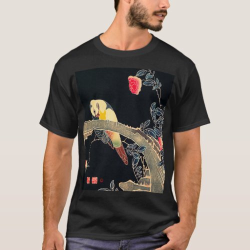 Parrot on the Branch of a Flowering Rose Bush T_Shirt