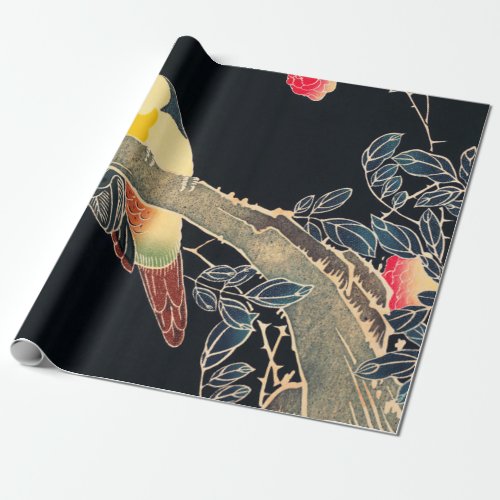 Parrot on the Branch of a Flowering Rose Bush Wrapping Paper