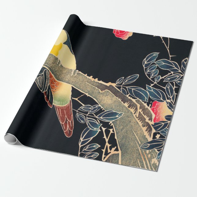 Parrot on the Branch of a Flowering Rose Bush Wrapping Paper (Unrolled)