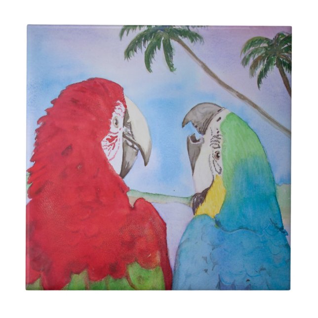 Parrot Pair Happy Talking Couple Tile Painting (Front)