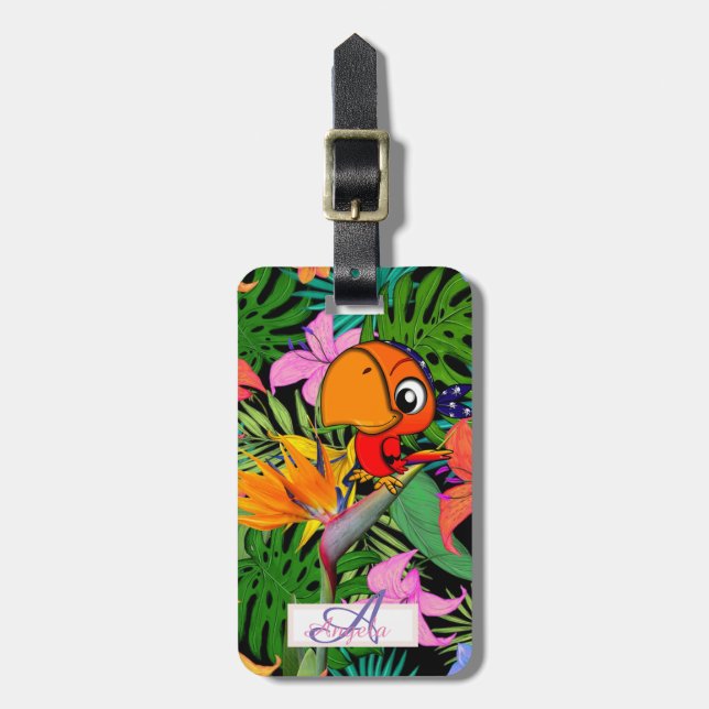 Parrot, Palm Leaves, Caudata Monogram-Personalized Luggage Tag (Front Vertical)