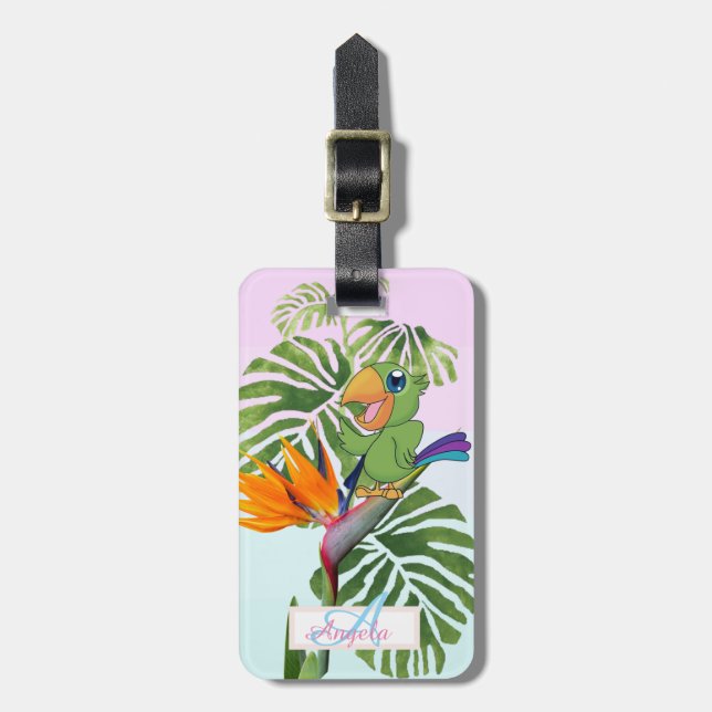 Parrot, Palm Leaves, Caudata Monogram-Personalized Luggage Tag (Front Vertical)