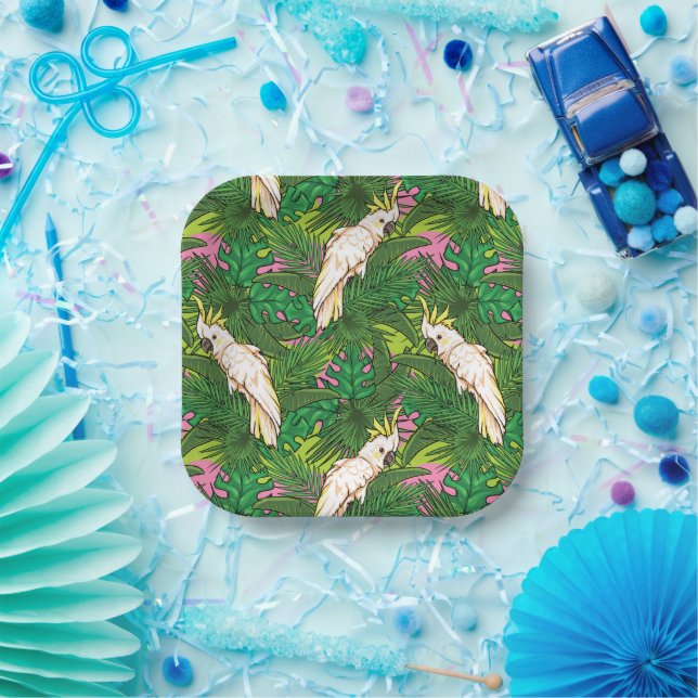 Parrot Pattern With Palm Leaves Paper Plates (Party)