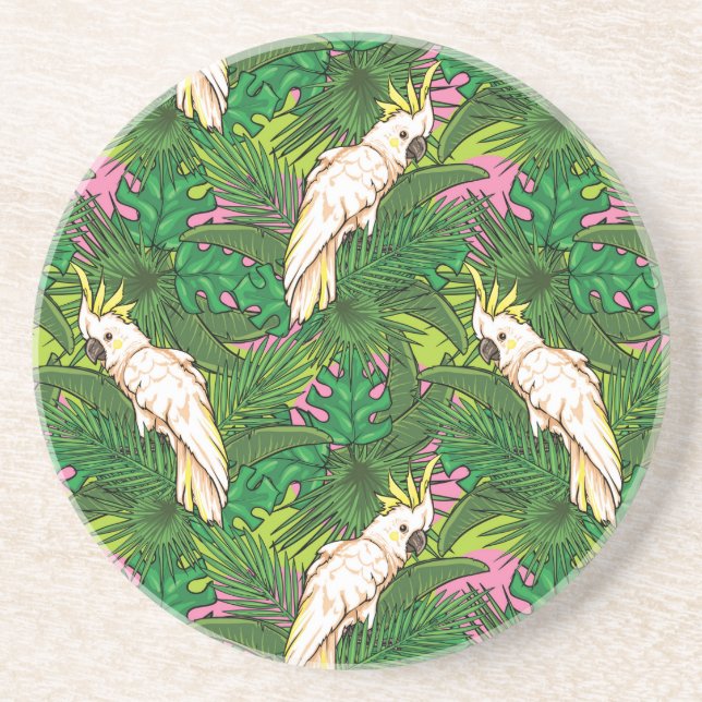 Parrot Pattern With Palm Leaves Sandstone Coaster (Front)