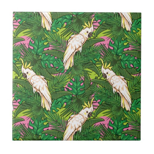 Parrot Pattern With Palm Leaves Tile