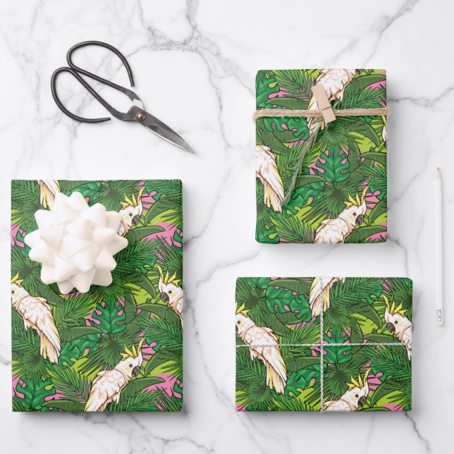 Parrot Pattern With Palm Leaves Wrapping Paper Sheets (Front)