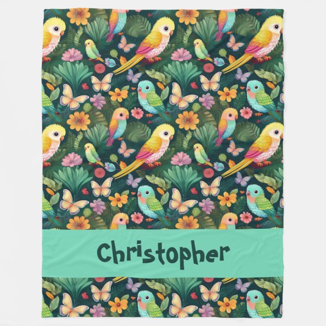 Parrot Playground: A Vibrant Dance of Tropical Fleece Blanket (Front)