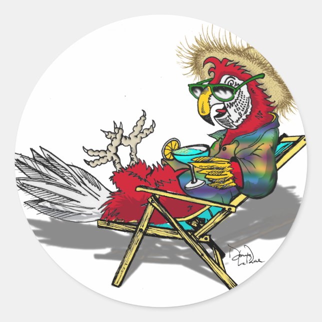 Parrot Relaxing in Beach Chair Classic Round Sticker (Front)
