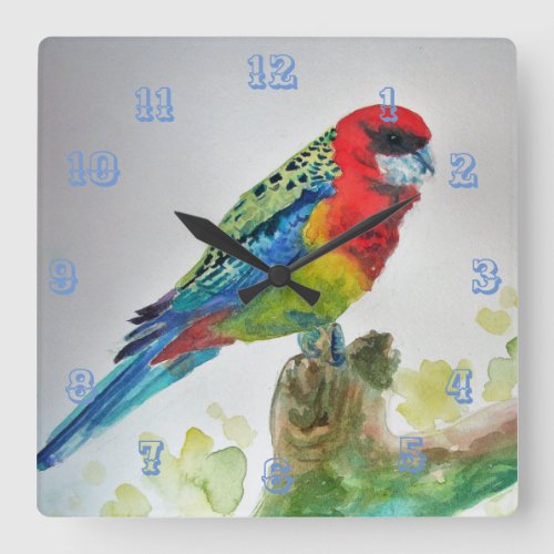 Parrot Rosella Australian Birds Watercolor Square Wall Clock
