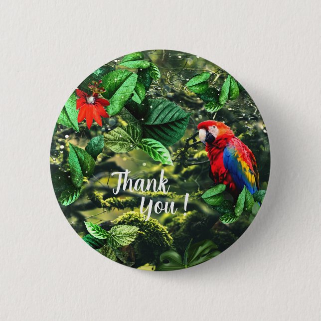 Parrot scarlet macaw in jungle with flowers button (Front)
