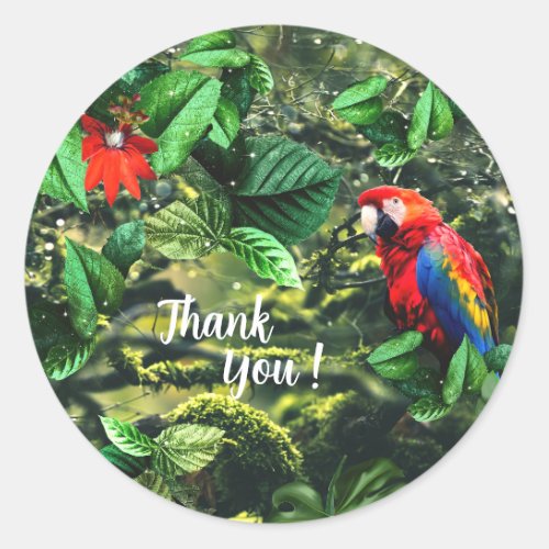 Parrot scarlet macaw in jungle with flowers classic round sticker