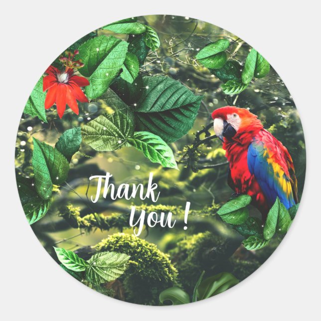 Parrot scarlet macaw in jungle with flowers classic round sticker (Front)