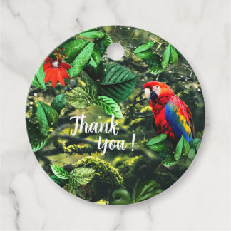 Parrot scarlet macaw in jungle with flowers favor tags