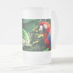 Parrot scarlet macaw in jungle with flowers frosted glass beer mug