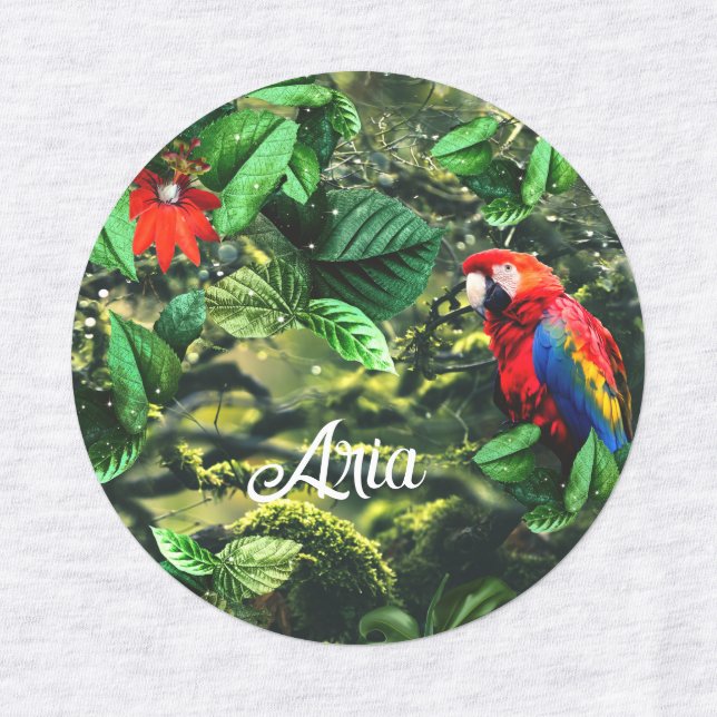 Parrot scarlet macaw in jungle with flowers kids' labels (Design 2)