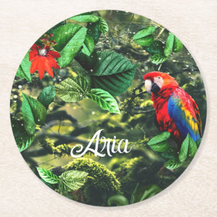 Parrot scarlet macaw in jungle with flowers round paper coaster