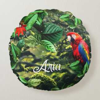 Parrot scarlet macaw in jungle with flowers round pillow