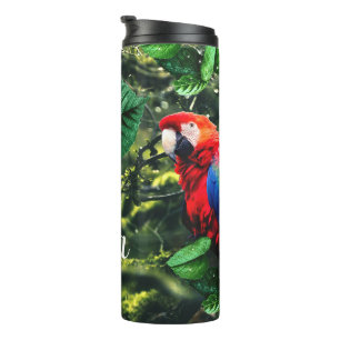 Parrot scarlet macaw in jungle with flowers thermal tumbler