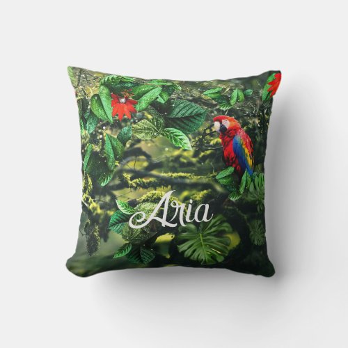 Parrot scarlet macaw in jungle with flowers throw pillow