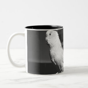 Parrot sitting on candlestick B&W Two-Tone Coffee Mug