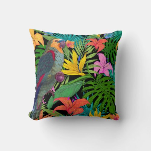 Parrot Tropical Leaves  Throw Pillow