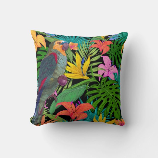 Parrot Tropical Leaves  Throw Pillow (Front)