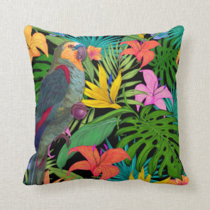 Parrot Tropical Leaves  Throw Pillow