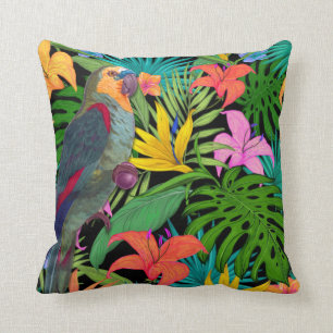 Parrot Tropical Leaves Throw Pillow
