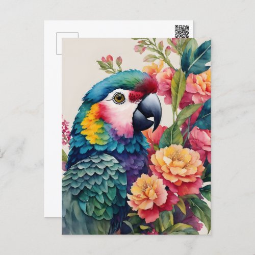 Parrot Watercolor Floral Multicolor Art Postcard