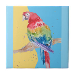 Parrot Watercolor Pink Yellow Baby Blue Macaw Ceramic Tile