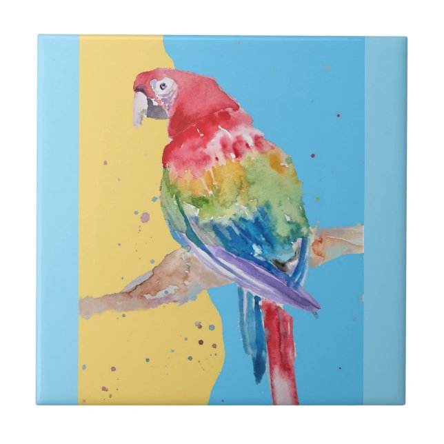 Parrot Watercolor Pink Yellow Baby Blue Macaw Ceramic Tile (Front)