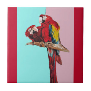 Parrot Watercolor Pink Yellow Baby Blue Macaw Ceramic Tile
