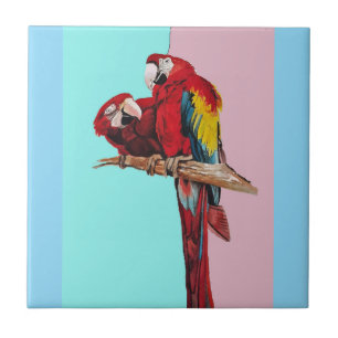 Parrot Watercolor Pink Yellow Baby Blue Macaw Ceramic Tile