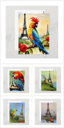 Parrot with an Eiffel tower, Postcrossing Postcard