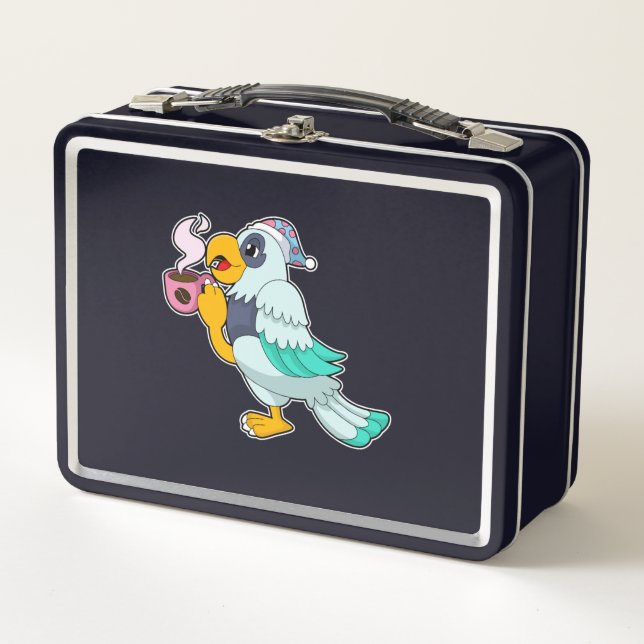 Parrot with Cup of Coffee Metal Lunch Box (Front)