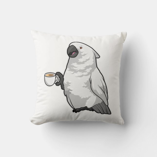 Parrot with Cup of Coffee Throw Pillow (Front)