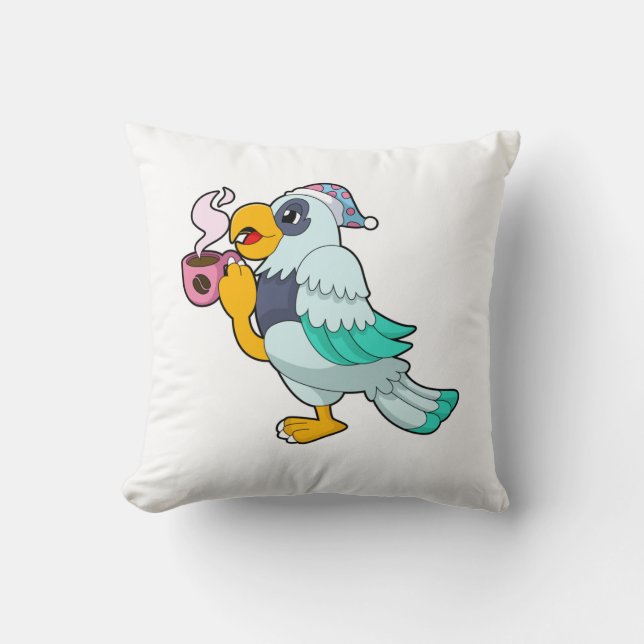 Parrot with Cup of Coffee Throw Pillow (Front)
