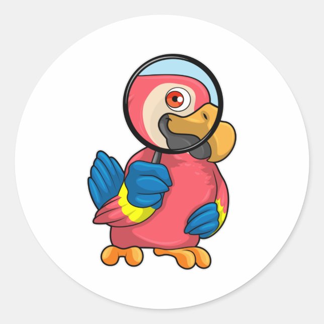 Parrot with Magnifying glass Classic Round Sticker (Front)