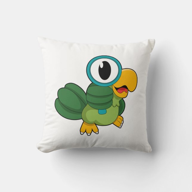 Parrot with Magnifying glass Throw Pillow (Front)