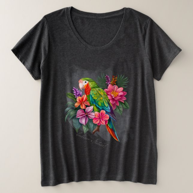 Parrot with Tropical Flowers - Embrace Nature Plus Size T-Shirt (Design Front)