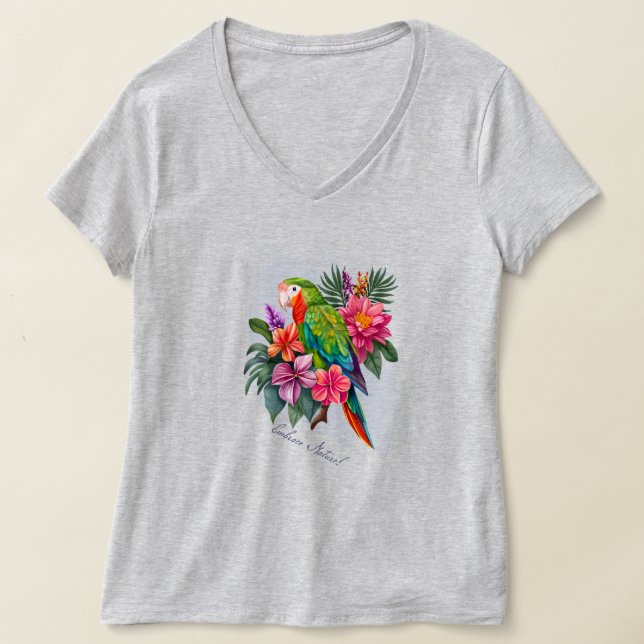 Parrot with Tropical Flowers - Embrace Nature T-Shirt (Laydown)