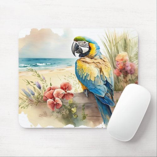 Parrot with Tropical Flowers Mouse Pad