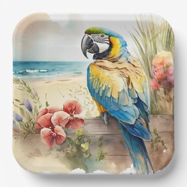 Parrot with Tropical Flowers Paper Plates (Front)