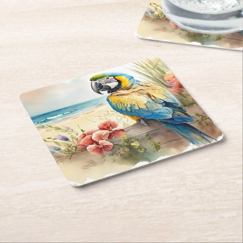 Parrot with Tropical Flowers Square Paper Coaster