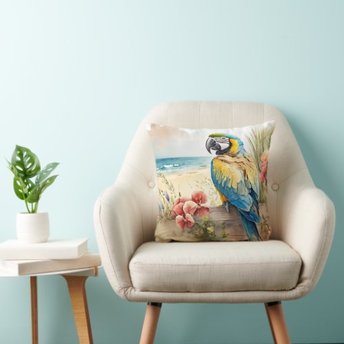 Parrot with Tropical Flowers Throw Pillow