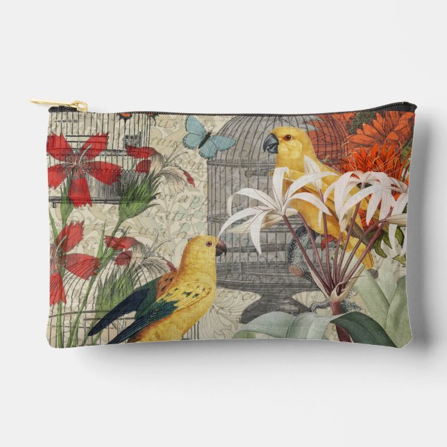 Parrot Yellow Tropical Antique Flower  Accessory Pouch (Front)
