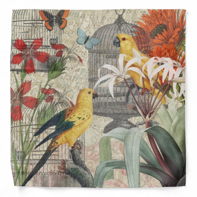 Parrot Yellow Tropical Antique Flower  Bandana (Front)