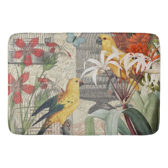 Parrot Yellow Tropical Antique Flower  Bath Mat (Front)